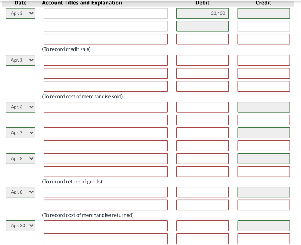 Date
Apr. 3
Apr. 3
Apr. 6
Apr. 7 V
Apr. 8
Apr. 8 V
Apr. 30
Account Titles and Explanation
(To record credit sale)
(To record cost of merchandise sold)
(To record return of goods)
(To record cost of merchandise returned)
Debit
22,400
Credit
IIU