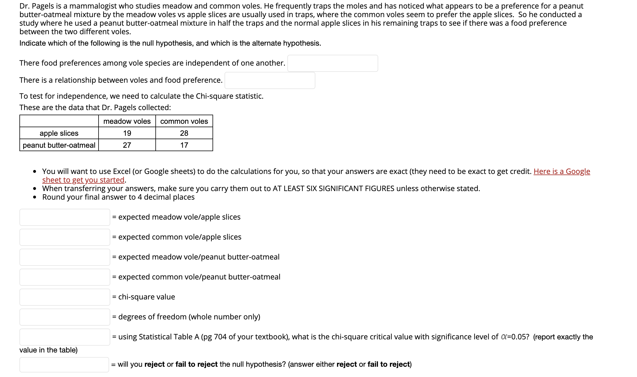 Dr. Pagels is a mammalogist who studies meadow and common voles. He frequently traps the moles and has noticed what appears to be a preference for a peanut
butter-oatmeal mixture by the meadow voles vs apple slices are usually used in traps, where the common voles seem to prefer the apple slices. So he conducted a
study where he used a peanut butter-oatmeal mixture in half the traps and the normal apple slices in his remaining traps to see if there was a food preference
between the two different voles.
Indicate which of the following is the null hypothesis, and which is the alternate hypothesis.
There food preferences among vole species are independent of one another.
There is a relationship between voles and food preference.
To test for independence, we need to calculate the Chi-square statistic.
These are the data that Dr. Pagels collected:
meadow voles
common voles
19
28
apple slices
peanut butter-oatmeal
17
27
• You will want to use Excel (or Google sheets) to do the calculations for you, so that your answers are exact (they need to be exact to get credit. Here is a Google
sheet to get you started.
• When transferring your answers, make sure you carry them out to AT LEAST SIX SIGNIFICANT FIGURES unless otherwise stated.
Round your final answer to 4 decimal places
expected meadow vole/apple slices
%3D
= expected common vole/apple slices
expected meadow vole/peanut butter-oatmeal
%3D
expected common vole/peanut butter-oatmeal
= chi-square value
degrees of freedom (whole number only)
= using Statistical Table A (pg 704 of your textbook), what is the chi-square critical value with significance level of X=0.05? (report exactly the
value in the table)
= will you reject or fail to reject the null hypothesis? (answer either reject or fail to reject)
