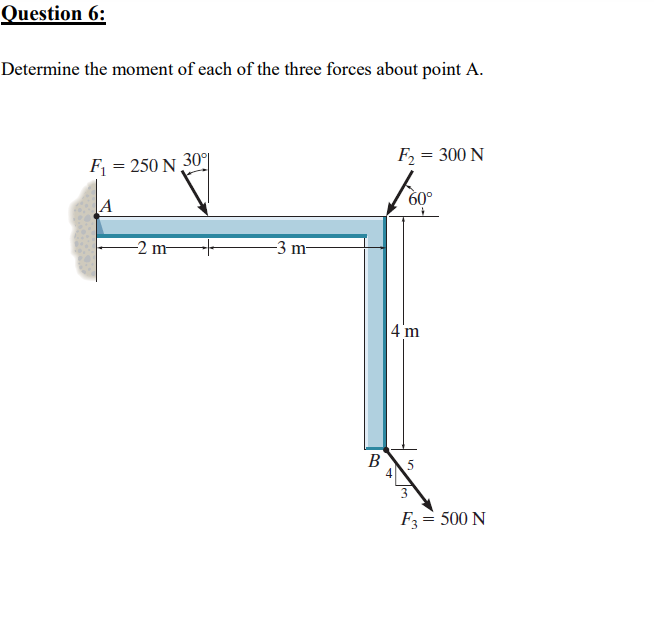 Question 6:
Determine the moment of each of the three forces about point A.
30%
F2 = 300 N
F = 250 N
60°
|A
-2 m
-3 m-
4 m
В
3
F3 = 500 N
