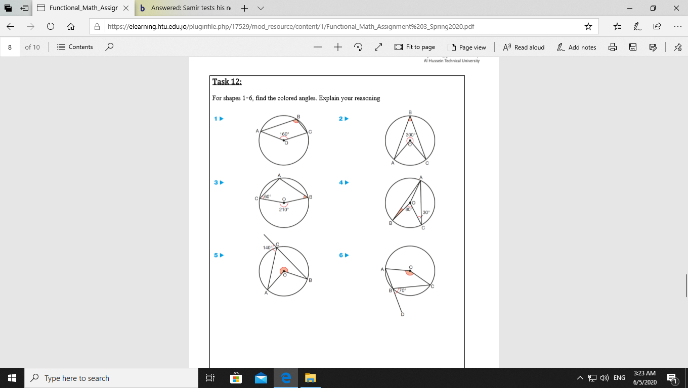 For shapes 1-6, find the colored angles. Explain your reasoning

