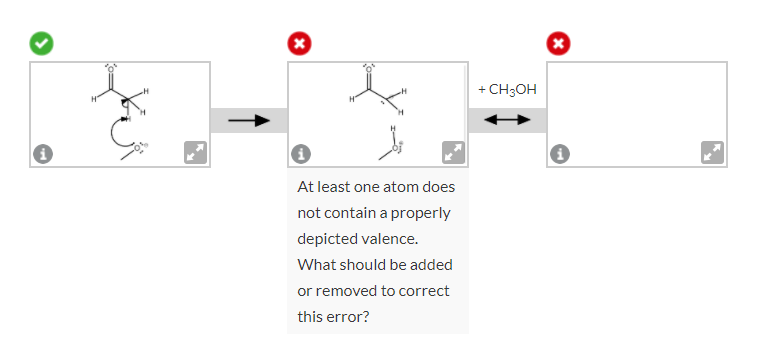 + CH3OH
At least one atom does
not contain a properly
depicted valence.
What should be added
or removed to correct
this error?
