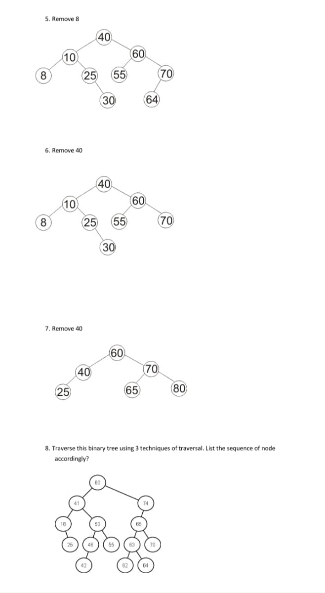 5. Remove 8.
10
8
(40)
(25) (55)
(30
6. Remove 40
(10)
8
(40)
(25) (55)
(30
7. Remove 40
(40)
60
(60)
(70
(64)
(60)
(70)
70
(25)
65
(80)
8. Traverse this binary tree using 3 techniques of traversal. List the sequence of node
accordingly?
60