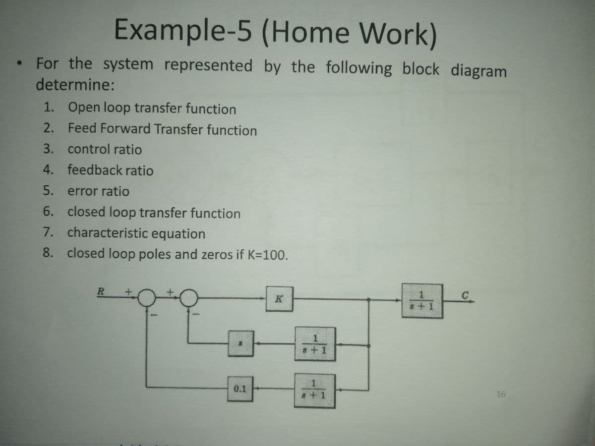 Example-5 (Home Work)
For the system represented by the following block diagram
determine:
1. Open loop transfer function
2. Feed Forward Transfer function
3. control ratio
4. feedback ratio
5.
error ratio
6. closed loop transfer function
7. characteristic equation
8. closed loop poles and zeros if K=100.
R
K
+1
*+ 1
1
0.1
8+ 1
16
