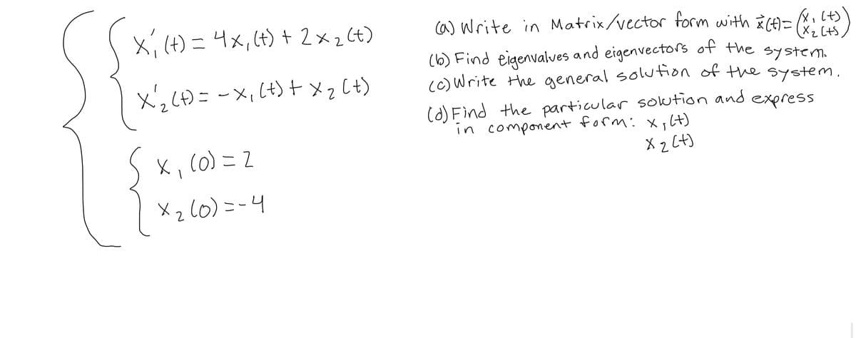 X, (+) = 4x, (+) + 2xz (t)
-
· X'₁₂ (+) = x, (+) + x 2 (+)
x(0) = 2
× 2 (0)=-4
(a) Write in Matrix/vector form with x(t) = (x: (+))
(b) Find eigenvalues and eigenvectors of the system.
(c) Write the general solution of the system.
(d) Find the particular solution and express
in component form: x, (+)
X 2 [+]