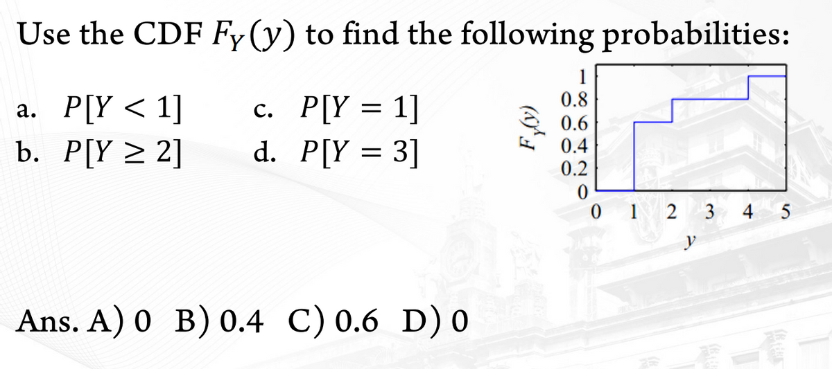 Use the CDF Fy (y) to find the following probabilities:
1
0.8
а. Р[Y < 1]
b. Р[Y 2 2]
с. Р[Y 3D 1]
d. P[Y = 3]
0.6
0.4
0.2
0 1 2 3 4 5
Ans. A) 0 B) 0.4 C) 0.6 D) 0
