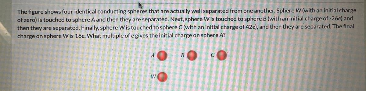 The figure shows four identical conducting spheres that are actually well separated from one another. Sphere W (with an initial charge
of zero) is touched to sphere A and then they are separated. Next, sphere Wis touched to sphere B (with an initial charge of -26e) and
then they are separated. Finally, sphere W is touched to sphere C (with an initial charge of 42e), and then they are separated. The final
charge on sphere Wis 16e. What multiple of e gives the initial charge on sphere A?
A
W
B
C
Cil