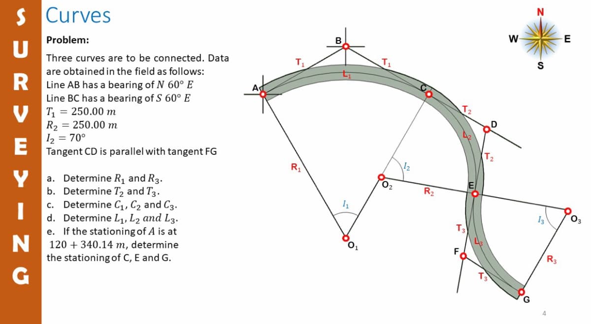 N
S Curves
W
E
В
Problem:
U
Three curves are to be connected. Data
are obtained in the field as follows:
R Line AB has a bearing of N 60° E
Line BC has a bearing of S 60° E
V T1 = 250.00 m
R2 = 250.00 m
I2 = 70°
Tangent CD is parallel with tangent FG
T2
R1
Y
a. Determine R1 and R3.
O2
R2
b. Determine T, and T3.
I1
c. Determine C1, C2 and C3.
d. Determine L1, L2 and L3.
e. If the stationing of A is at
N 120 + 340.14 m, determine
the stationing of C, E and G.
Оз
13
T3
F
R3
G.
