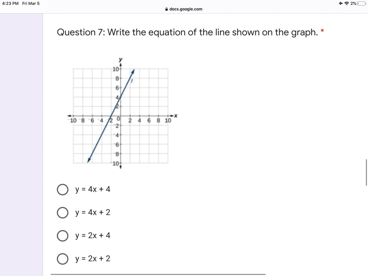 4:23 PM Fri Mar 5
+* 2% C
A docs.google.com
Question 7: Write the equation of the line shown on the graph.
*
10
6
4
10 -8 -6 -4
2 0
2 4
6 8 10
21
-4-
10
O y = 4x + 4
O y = 4x + 2
O y = 2x + 4
у %3D 2х + 2
