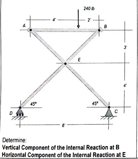 D
wwwtamben
7
45°
8'
240 ib
f
2'
E
B
DE SANGEL CATS
45°
3'
Determine:
Vertical Component of the Internal Reaction at B
Horizontal Component of the Internal Reaction at E