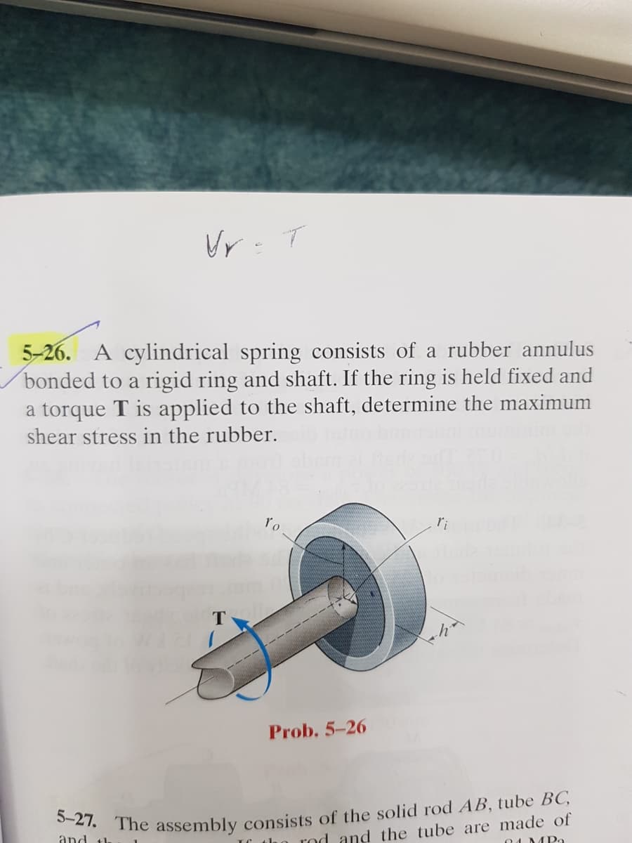 Ur: T
5-26. A cylindrical spring consists of a rubber annulus
bonded to a rigid ring and shaft. If the ring is held fixed and
a torque T is applied to the shaft, determine the maximum
shear stress in the rubber.
ľo
Prob. 5-26
1 rod and the tube are made of
01 MP9
and th
