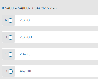 If 5400 - 54(100х + 54), then x 3D?
АО 23/50
BO
23/500
Со 24/23
46/100
