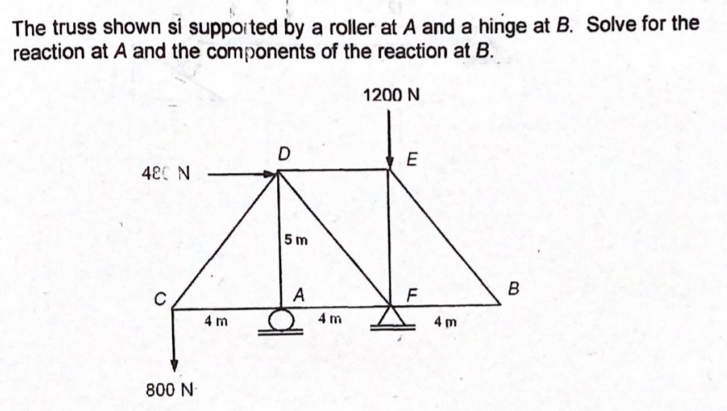 The truss shown si suppoited by a roller at A and a hinge at B. Solve for the
reaction at A and the components of the reaction at B.
1200 N
48 N
5 m
A
4 m
4 m
4 m
800 N
