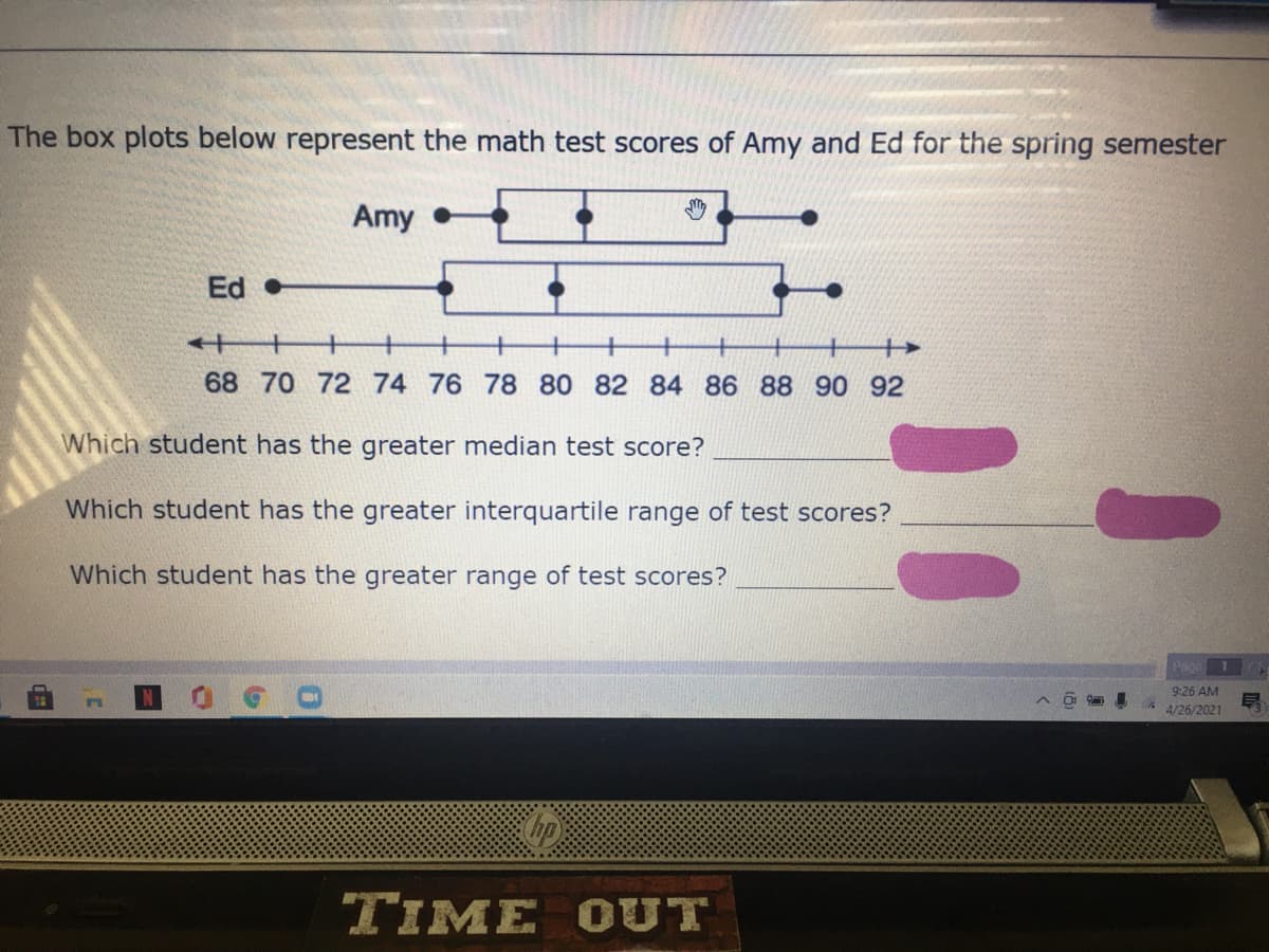 The box plots below represent the math test scores of Amy and Ed for the spring semester
Amy
Ed •
68 70 72 74 76 78 80 82 84 86 88 90 92
Which student has the greater median test score?
Which student has the greater interquartile range of test scores?
Which student has the greater range of test scores?
Page
9:26 AM
4/26/2021
TIME OUT
