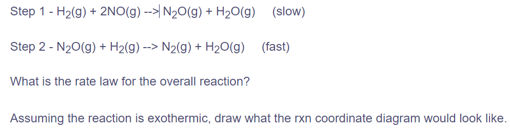 Step 1 - H₂(g) + 2NO(g) --> N₂O(g) + H₂O(g) (slow)
Step 2 - N₂O(g) + H₂(g) --> N₂(g) + H₂O(g) (fast)
What is the rate law for the overall reaction?
Assuming the reaction is exothermic, draw what the rxn coordinate diagram would look like.