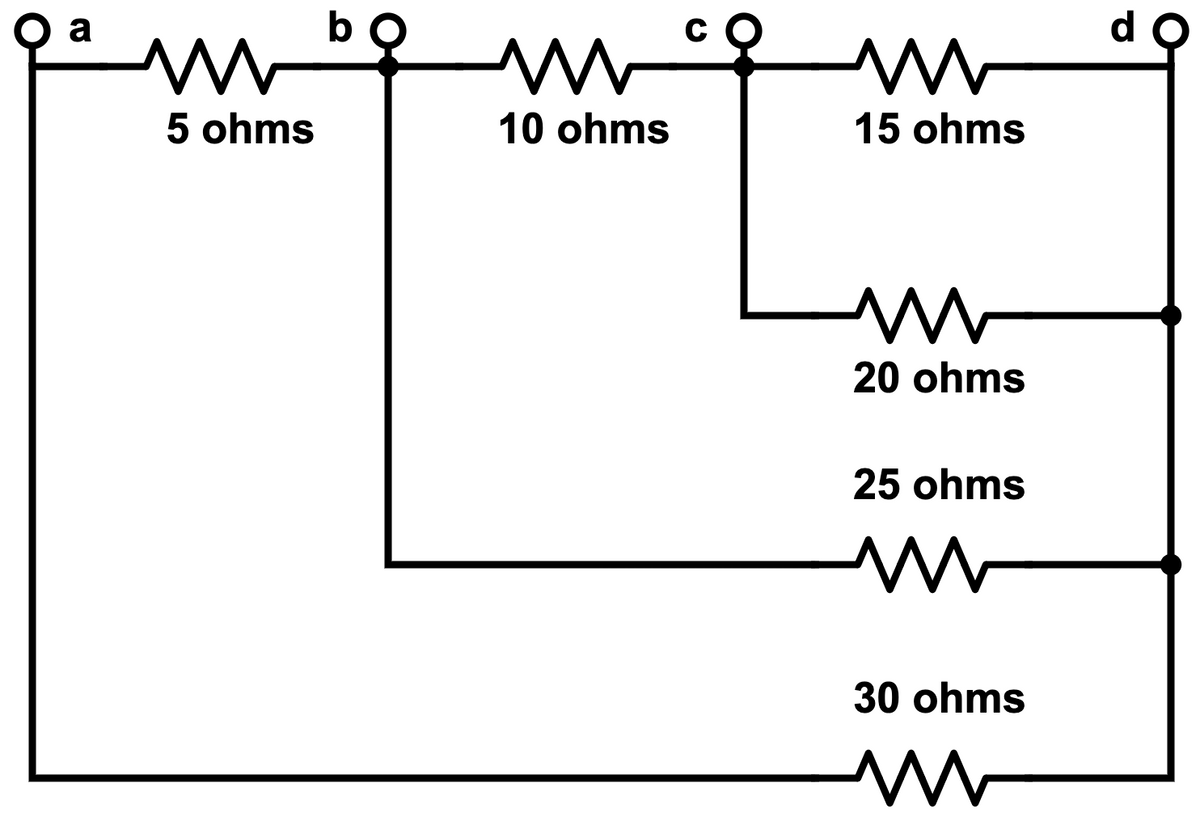 a
m
5 ohms
b
m
10 ohms
С (
ww
15 ohms
ww
20 ohms
25 ohms
30 ohms
do