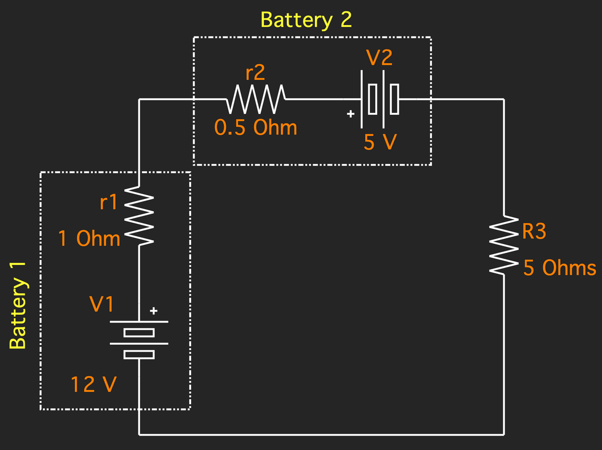 Battery 1
r1
1 Ohm
V1
12 V
Battery 2
r2
0.5 Ohm
V2
|0|0
5 V
ww
R3
5 Ohms