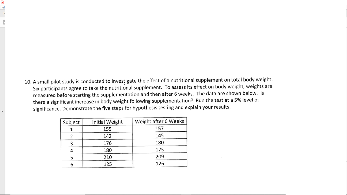 Fil
10. A small pilot study is conducted to investigate the effect of a nutritional supplement on total body weight.
Six participants agree to take the nutritional supplement. To assess its effect on body weight, weights are
measured before starting the supplementation and then after 6 weeks. The data are shown below. Is
there a significant increase in body weight following supplementation? Run the test at a 5% level of
significance. Demonstrate the five steps for hypothesis testing and explain your results.
Subject
İnitial Weight
Weight after 6 Weeks
1
155
157
2
142
145
3
176
180
4
180
175
210
209
6.
125
126
