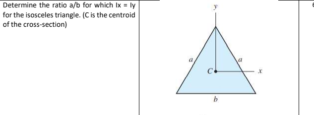 Determine the ratio a/b for which Ix = ly
for the isosceles triangle. (C is the centroid
of the cross-section)
y
b
