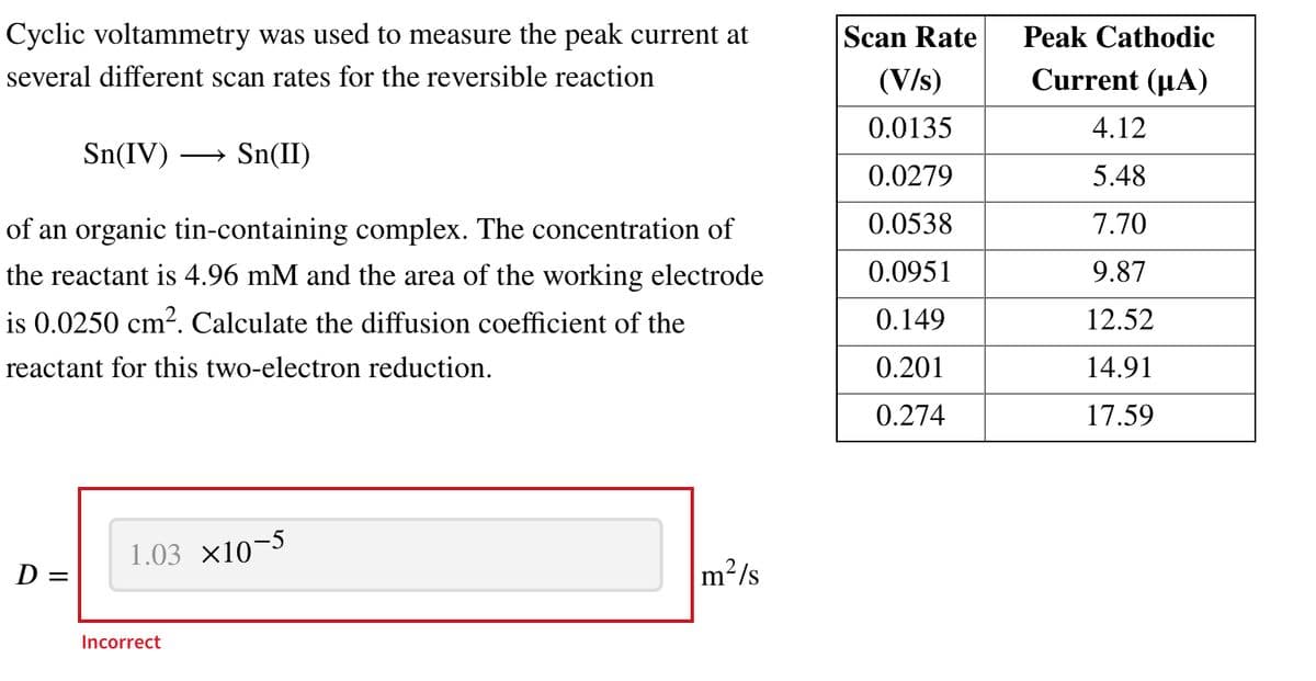 Cyclic voltammetry was used to measure the peak current at
several different scan rates for the reversible reaction
Sn(IV) → Sn(II)
of an organic tin-containing complex. The concentration of
the reactant is 4.96 mM and the area of the working electrode
is 0.0250 cm². Calculate the diffusion coefficient of the
reactant for this two-electron reduction.
D =
1.03 ×10-5
Incorrect
m²/s
Scan Rate
(V/s)
0.0135
0.0279
0.0538
0.0951
0.149
0.201
0.274
Peak Cathodic
Current (μA)
4.12
5.48
7.70
9.87
12.52
14.91
17.59