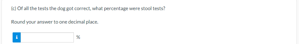 (c) Of all the tests the dog got correct, what percentage were stool tests?
Round your answer to one decimal place.
%