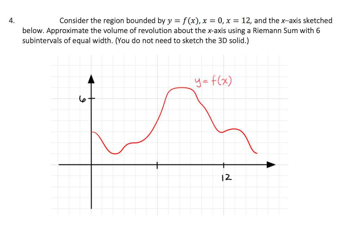 4.
Consider the region bounded by y = f(x), x = 0, x = 12, and the x-axis sketched
below. Approximate the volume of revolution about the x-axis using a Riemann Sum with 6
subintervals of equal width. (You do not need to sketch the 3D solid.)
y = f(x)
en
12