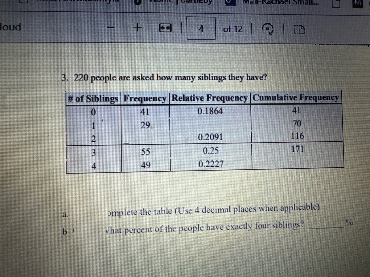 loud
1.
E
3
4
+
3. 220 people are asked how many siblings they have?
# of Siblings Frequency Relative Frequency Cumulative Frequency
41
0.1864
29.
55
49
Mall-Ma
ael small...
4 of 12 D
0.2091
0.25
0.2227
70
116
171
omplete the table (Use 4 decimal places when applicable)
What percent of the people have exactly four siblings?