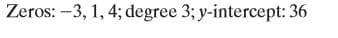 Zeros: -3, 1, 4; degree 3; y-intercept: 36
