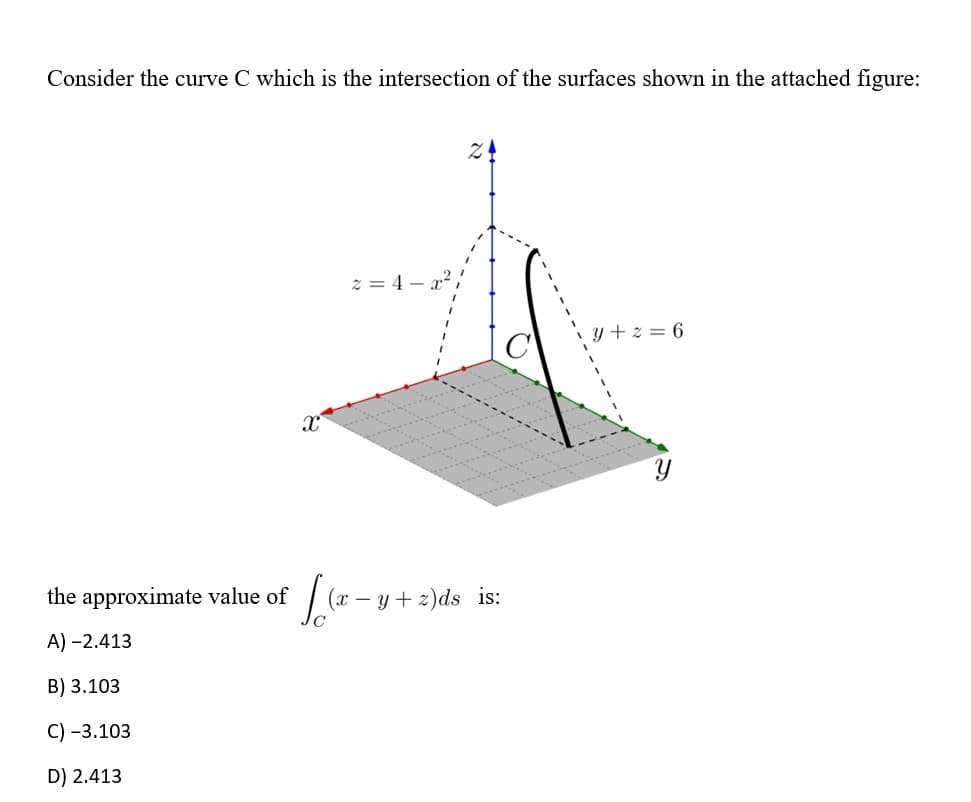 Consider the curve C which is the intersection of the surfaces shown in the attached figure:
24
2=4-x²
y+2=6
the approximate value of
A) -2.413
B) 3.103
C) -3.103
D) 2.413
X
Love
(x-y+z)ds is: