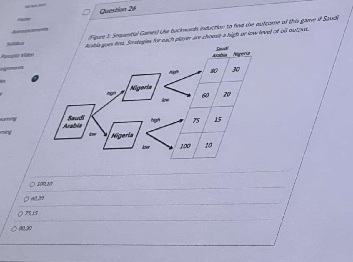 O 100.10
O 60.20
O 75.15
O 80.30
D Question 26
Figure 1: Sequential Games) Use backwards induction to find the outcome of this game if Saudi
Arabia goes first. Strategies for each player are choose a high or low level of oil output.
Saudi
Arabia
Nigeria
Nigeria
high
low
100
75
60
Saudi
Arabia Nigeria
80
10
15
20
30