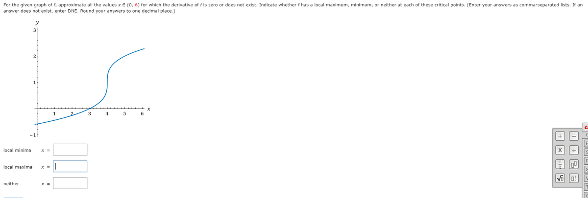 For the given graph of f, approximate all the values x € (0, 6) for which the derivative of fis zero or does not exist. Indicate whether f has a local maximum, minimum, or neither at each of these critical points. (Enter your answers as comma-separated lists. If an
answer does not exist, enter DNE. Round your answers to one decimal place.)
y
3|
2
1
4
6
local minima
X =
local maxima
X =
neither
X =

