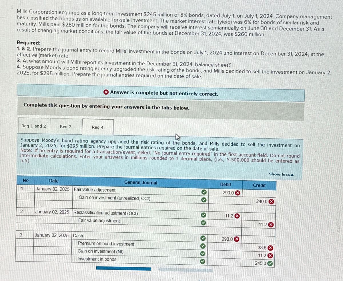 Mills Corporation acquired as a long-term investment $245 million of 8% bonds, dated July 1, on July 1, 2024. Company management
has classified the bonds as an available-for-sale investment. The market interest rate (yield) was 6% for bonds of similar risk and
maturity. Mills paid $280 million for the bonds. The company will receive interest semiannually on June 30 and December 31. As a
result of changing market conditions, the fair value of the bonds at December 31, 2024, was $260 million.
Required:
1. & 2. Prepare the journal entry to record Mills' investment in the bonds on July 1, 2024 and interest on December 31, 2024, at the
effective (market) rate.
3. At what amount will Mills report its investment in the December 31, 2024, balance sheet?
4. Suppose Moody's bond rating agency upgraded the risk rating of the bonds, and Mills decided to sell the investment on January 2,
2025, for $295 million. Prepare the journal entries required on the date of sale.
Req 1 and 2
1
Complete this question by entering your answers in the tabs below.
2
3
Suppose Moody's bond rating agency upgraded the risk rating of the bonds, and Mills decided to sell the investment on
January 2, 2025, for $295 million. Prepare the journal entries required on the date of sale.
Note: If no entry is required for a transaction/event,-select "No journal entry required" in the first account field. Do not round
intermediate calculations. Enter your answers in millions rounded to 1 decimal place, (i.e., 5,500,000 should be entered as
5.5).
No
Req 3
Date
January 02, 2025
X Answer is complete but not entirely correct.
Req 4
January 02, 2025 Cash
General Journal
Fair value adjustment
Gain on investment (unrealized, OCI)
January 02, 2025 Reclassification adjustment (OCI)
Fair value adjustment
Premium on bond investment
Gain on investment (NI)
Investment in bonds
33
Debit
290.0 X
11.2 X
290.0 X
Credit
Show less
240.0 X
11.2 x
38.6 x
11.2 X
245.0