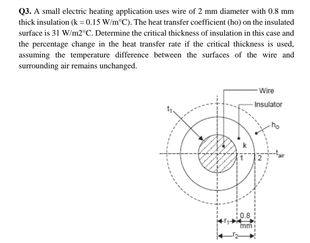 Q3. A small electric heating application uses wire of 2 mm diameter with 0.8 mm
thick insulation (k = 0.15 W/m°C). The heat transfer coefficient (ho) on the insulated
%3D
surface is 31 W/m2°C. Determine the critical thickness of insulation in this case and
the percentage change in the heat transfer rate if the critical thickness is used,
assuming the temperature difference between the surfaces of the wire and
surrounding air remains unchanged.
Wire
Insulator
ho
k
0.8
mm
