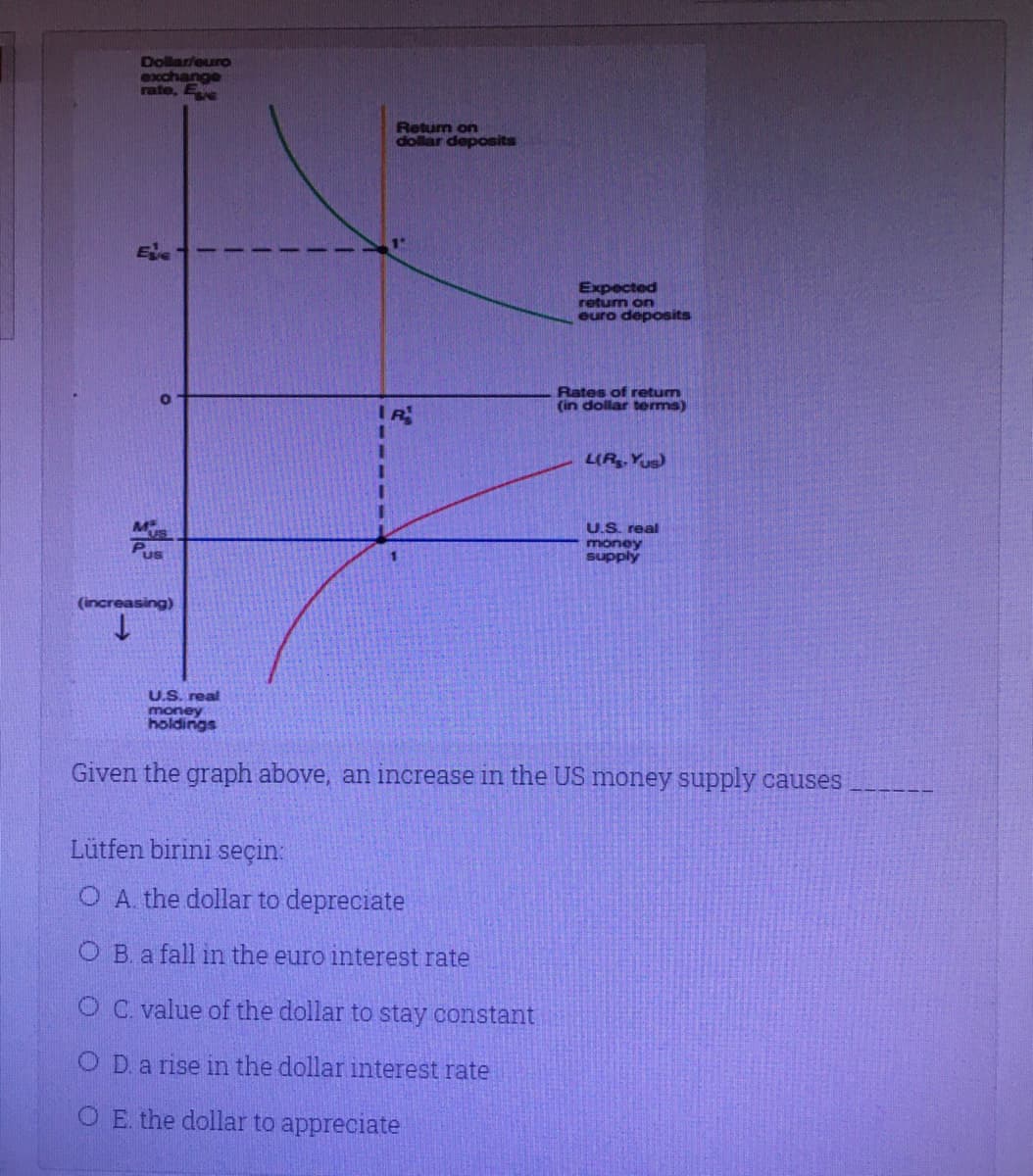 Dollarleuro
exchange
rate, Ee
Retum on
dollar deposits
Expected
retum on
euro deposits
Rates of retum
(in dollar terms)
L(R,Yus)
U.S. real
money
supply
P
(increasing)
U.S. real
money
holdings
Given the graph above, an increase in the US money supply causes
Lütfen birini seçin:
O A. the dollar to depreciate
O B. a fall in the euro interest rate
O C. value of the dollar to stay constant
O D.a rise in the dollar interest rate
O E. the dollar to appreciate
