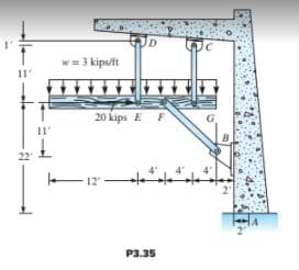ID
w
= 3 kips/ft
11
20 kips E F
11'
22
12
P3.35
