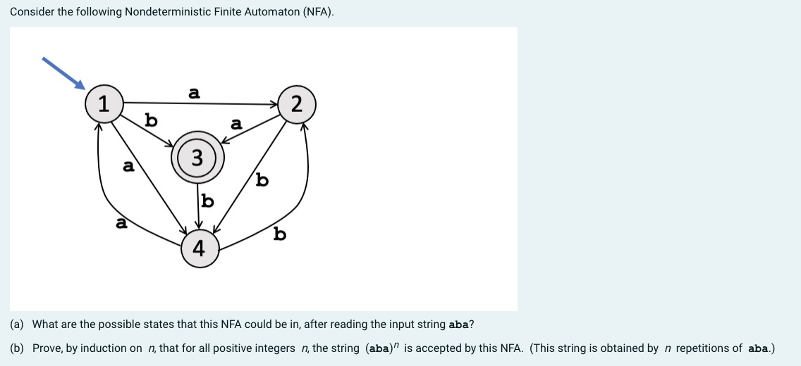 Consider the following Nondeterministic Finite Automaton (NFA).
1
a
b
a
3
4
2
(a) What are the possible states that this NFA could be in, after reading the input string aba?
(b) Prove, by induction on n, that for all positive integers n, the string (aba)" is accepted by this NFA. (This string is obtained by n repetitions of aba.)