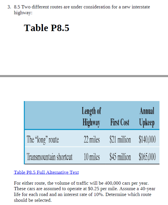 3. 8.5 Two different routes are under consideration for a new interstate
highway:
Table P8.5
The "long" route
Transmountain shortcut
Length of
Highway
22 miles
First Cost
$21 million
10 miles
10 miles $45 million
Annual
Upkeep
$140,000
$165.000
Table P8.5 Full Alternative Text
For either route, the volume of traffic will be 400,000 cars per year.
These cars are assumed to operate at $0.25 per mile. Assume a 40-year
life for each road and an interest rate of 10%. Determine which route
should be selected.