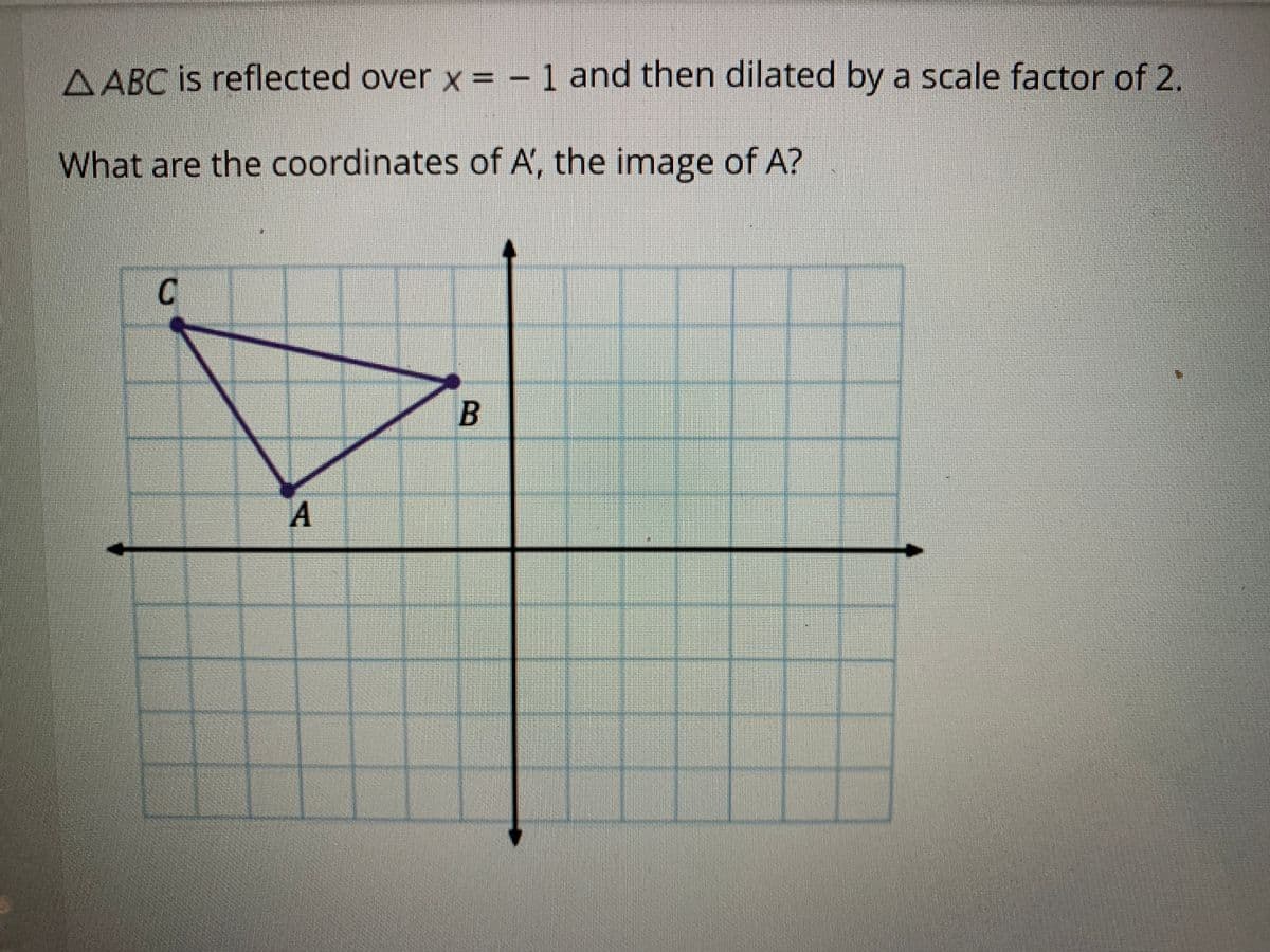 AABC is reflected over x = - 1 and then dilated by a scale factor of 2.
What are the coordinates of A', the image of A?
C.
B
A
