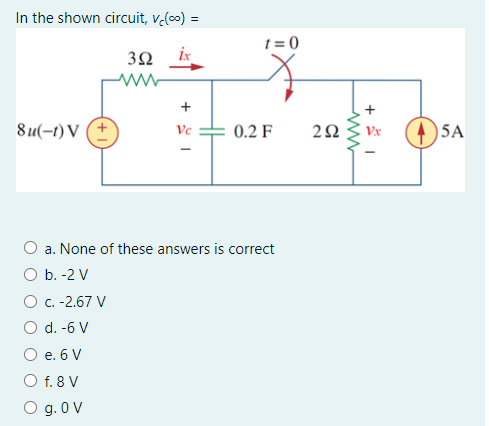 In the shown circuit, v (co) =
t = 0
3Ω
ix
8u(-t)V
Vc
0.2 F
Vx
5A
O a. None of these answers is correct
O b. -2 V
O c. -2.67 V
O d. -6 V
O e. 6 V
O f. 8 V
O g. 0 V
2.
