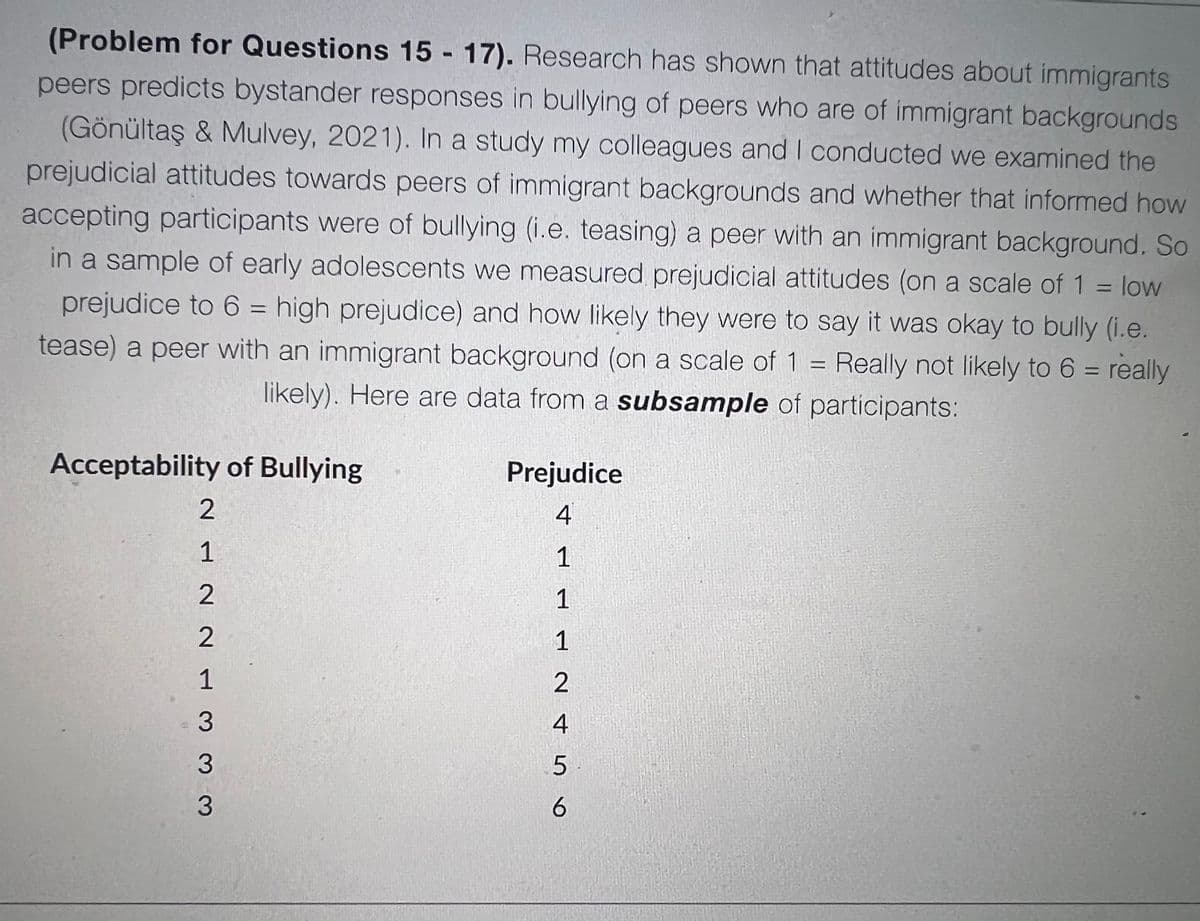 (Problem for Questions 15 17). Research has shown that attitudes about immigrants
peers predicts bystander responses in bullying of peers who are of immigrant backgrounds
(Gönültaş & Mulvey, 2021). In a study my colleagues and | conducted we examined the
prejudicial attitudes towards peers of immigrant backgrounds and whether that informed how
accepting participants were of bullying (i.e. teasing) a peer with an immigrant background. So
in a sample of early adolescents we measured prejudicial attitudes (on a scale of 1 = low
prejudice to 6 = high prejudice) and how likely they were to say it was okay to bully (i.e.
tease) a peer with an immigrant background (on a scale of 1 = Really not likely to 6 = really
likely). Here are data from a subsample of participants:
Acceptability of Bullying
Prejudice
2
4
1
1
2
1
1
1
2
4
