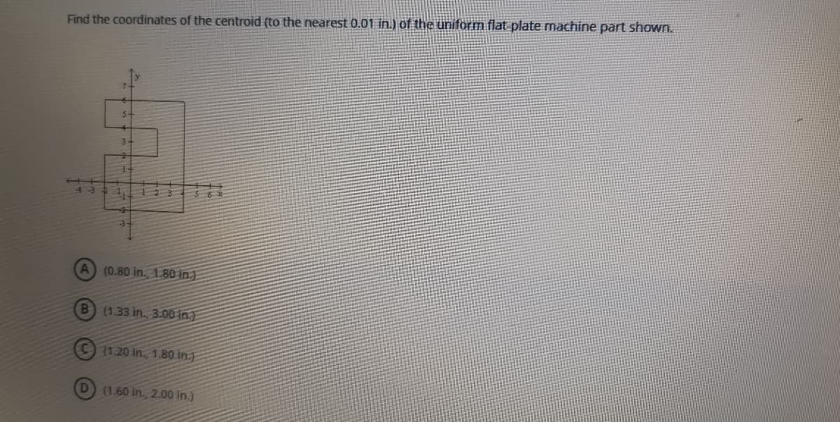 Find the coordinates of the centroid (to the nearest 0.01 in.) of the uniform flat plate machine part shown.
5-
3+
1-
(0.80 in., 1.80 in.
B) (1.33 in., 3.00 in.)
71.20 in., 1,80 in.)
D (1.60 in., 2.00 in.)
