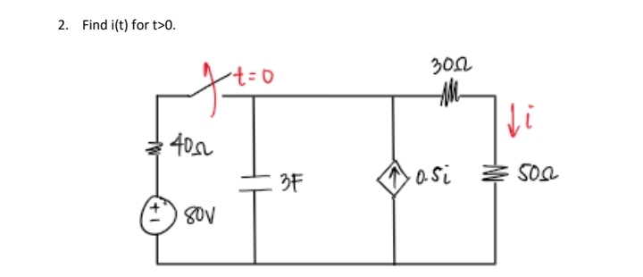 2. Find i(t) for t>0.
+1
40~
80V
t=0
3F
302
·o.si
Li
5002