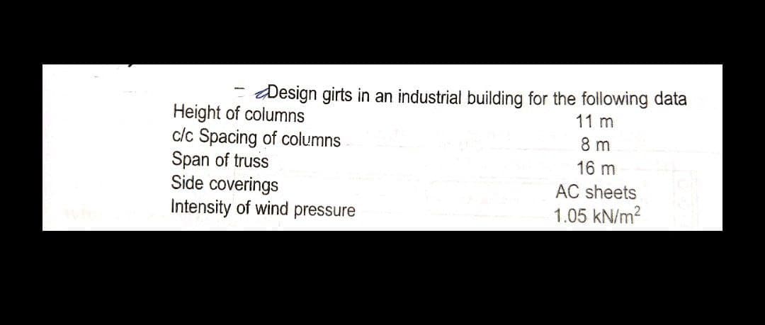 Design girts in an industrial building for the following data
Height of columns
11 m
c/c Spacing of columns
8 m
Span of truss
16 m
Side coverings
AC sheets
Intensity of wind pressure
1.05 kN/m²