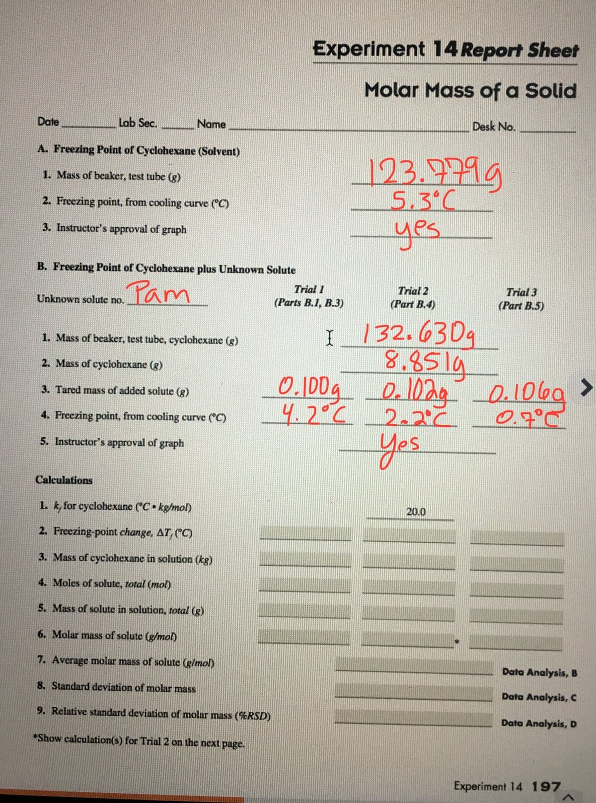 Experiment 14 Report Sheet
Molar Mass of a Solid
Date
Lab Sec.
Name
Desk No.
A. Freezing Point of Cyclohexane (Solvent)
123.9799
5.3°C
1. Mass of beaker, test tube (g)
2. Freezing point, from cooling curve (C)
yes.
3. Instructor's approval of graph
B. Freezing Point of Cyclohexane plus Unknown Solute
Pam
Trial 1
Trial 2
Trial 3
Unknown solute no. am
(Part B.4)
(Parts B.1, B.3)
(Part B.5)
I
8.8519
0.ID04 0. 1029
132.63Dg
1. Mass of beaker, test tube, cyclohexane (g)
2. Mass of cyclohexane (g)
e1069
0.7°C
3. Tared mass of added solute (g)
4.7°C
2.2°C
4. Freezing point, from cooling curve (°C)
yes
5. Instructor's approval of graph
Calculations
1. k for cyclohexane (C kg/mol)
20.0
2. Freezing-point change, AT, ("C)
3. Mass of cyckohexane in solution (kg)
4. Moles of solute, total (mol)
5. Mass of solute in solution, total (g)
6. Molar mass of solute (g/mol)
7. Average molar mass of solute (g/mol)
Data Analysis, B
8. Standard deviation of molar mass
Data Analysis,C
9. Relative standard deviation of molar mass (%RSD)
Data Analysis, D
*Show calculation(s) for Trial 2 on the next page.
Experiment 14 197
