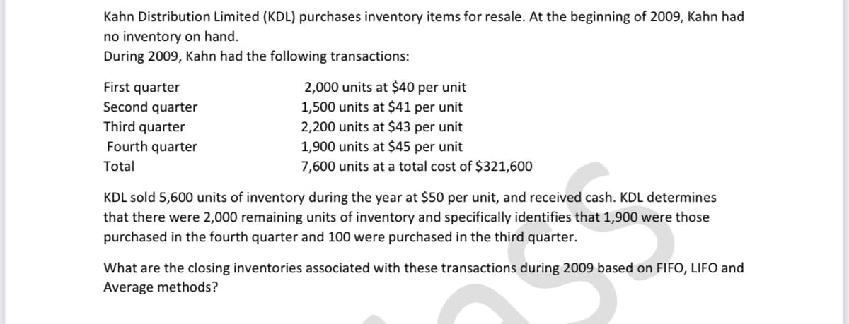 Kahn Distribution Limited (KDL) purchases inventory items for resale. At the beginning of 2009, Kahn had
no inventory on hand.
During 2009, Kahn had the following transactions:
First quarter
Second quarter
Third quarter
Fourth quarter
Total
2,000 units at $40 per unit
1,500 units at $41 per unit
2,200 units at $43 per unit
1,900 units at $45 per unit
7,600 units at a total cost of $321,600
KDL sold 5,600 units of inventory during the year at $50 per unit, and received cash. KDL determines
that there were 2,000 remaining units of inventory and specifically identifies that 1,900 were those
purchased in the fourth quarter and 100 were purchased in the third quarter.
What are the closing inventories associated with these transactions during 2009 based on FIFO, LIFO and
Average methods?