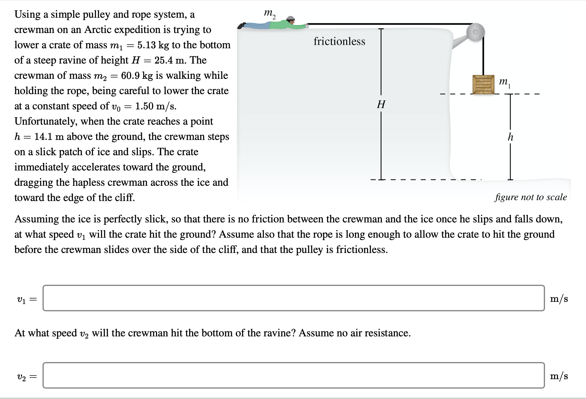 Using a simple pulley and rope system, a
т,
crewman on an Arctic expedition is trying to
frictionless
lower a crate of mass mị
5.13 kg to the bottom
of a steep ravine of height H
25.4 m. The
60.9 kg is walking while
crewman of mass m2
т
holding the rope, being careful to lower the crate
at a constant speed of vo
Н
1.50 m/s.
Unfortunately, when the crate reaches a point
h = 14.1 m above the ground, the crewman steps
on a slick patch of ice and slips. The crate
immediately accelerates toward the ground,
dragging the hapless crewman across the ice and
figure not to scale
toward the edge of the cliff.
Assuming the ice is perfectly slick, so that there is no friction between the crewman and the ice once he slips and falls down,
at what speed vị will the crate hit the ground? Assume also that the rope is long enough to allow the crate to hit the ground
before the crewman slides over the side of the cliff, and that the pulley is frictionless.
m/s
At what speed vz will the crewman hit the bottom of the ravine? Assume no air resistance.
m/s
