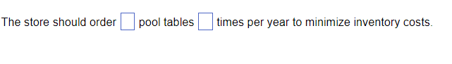 The store should order
pool tables
times per year to minimize inventory costs.