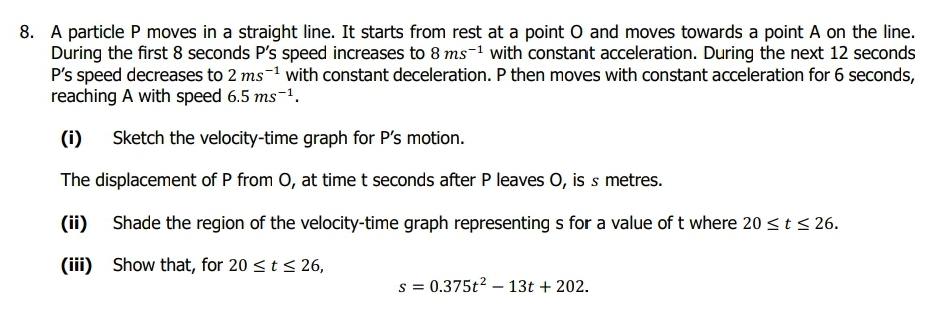 8. A particle P moves in a straight line. It starts from rest at a point O and moves towards a point A on the line.
During the first 8 seconds P's speed increases to 8 ms¹ with constant acceleration. During the next 12 seconds
P's speed decreases to 2 ms -¹ with constant deceleration. P then moves with constant acceleration for 6 seconds,
reaching A with speed 6.5 ms-¹.
(i) Sketch the velocity-time graph for P's motion.
The displacement of P from O, at time t seconds after P leaves O, is s metres.
(ii) Shade the region of the velocity-time graph representing s for a value of t where 20 ≤ t ≤ 26.
(iii) Show that, for 20 ≤ t ≤ 26,
s = 0.375t² 13t+ 202.