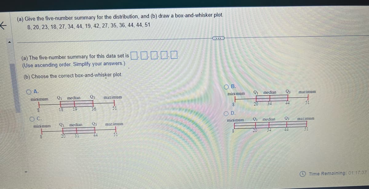 <
(a) Give the five-number summary for the distribution, and (b) draw a box-and-whisker plot.
8, 20, 23, 18, 27, 34, 44, 19, 42, 27, 35, 36, 44, 44, 51
(a) The five-number summary for this data set is
(Use ascending order. Simplify your answers.)
(b) Choose the correct box-and-whisker plot.
O A.
minimum
S
OC.
minimum
Q₁ median
19
Q3
36
maximum
Q3
Q₁ median
51
maximum
....
OB.
minimum
8
OD.
minimum.
Q₁
Q₁
median
median
Q₁
Q3
EP
maximum
maximum
Time Remaining: 01:17:37