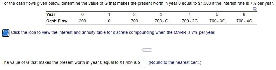 For the cash flows given below, determine the value of G that makes the present worth in year 0 equal to $1,500 if the interest rate is 7% per year.
Year
0
Cash Flow
200
1
0
2
3
700
700-G
4
5
6
700-2G
700-3G
700-4G
Click the icon to view the interest and annuity table for discrete compounding when the MARR is 7% per year.
The value of G that makes the present worth in year 0 equal to $1,500 is $
(Round to the nearest cent.)