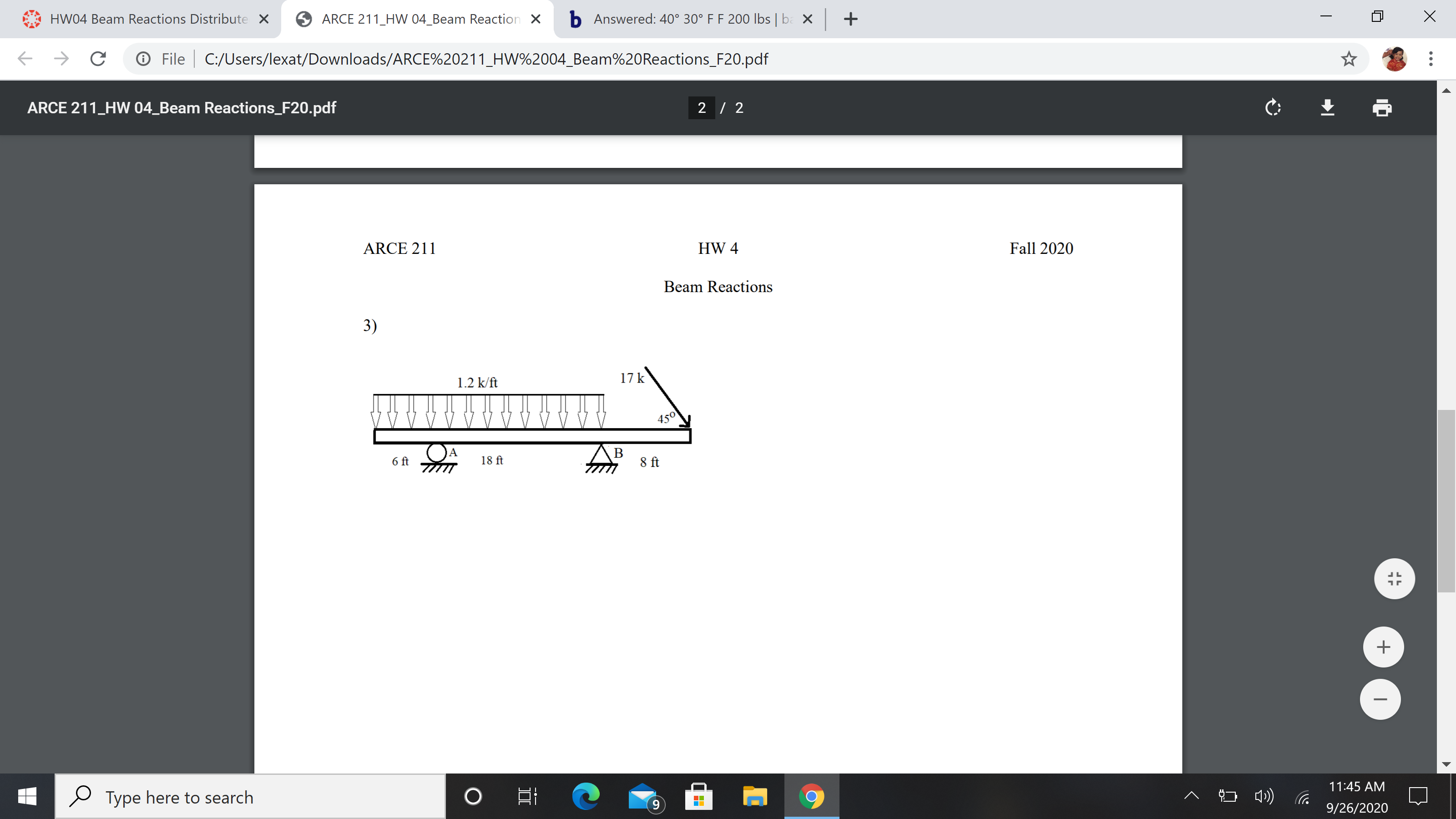 3)
1.2 k/ft
17 k
450
А
6 ft
В
8 ft
18 ft
